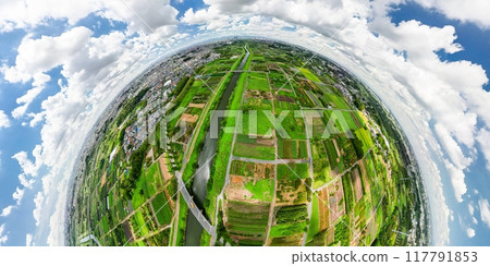 Aerial view of the Minuma rice fields in Saitama Prefecture, photographed with a 360-degree camera Aerial view of the Minuma rice fields in Saitama Prefecture, photographed with a 360-degree camera 117791853