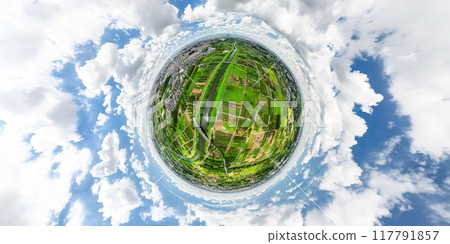 Aerial view of the Minuma rice fields in Saitama Prefecture, photographed with a 360-degree camera Aerial view of the Minuma rice fields in Saitama Prefecture, photographed with a 360-degree camera 117791857