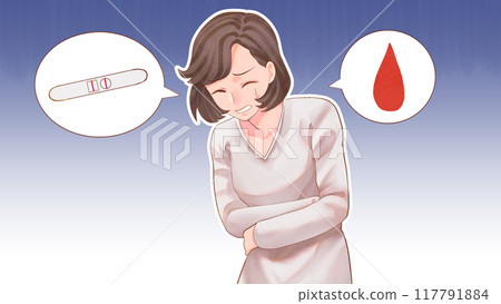 Illustration of a woman having irregular bleeding and chemical miscarriage (with background) (blog size) 117791884