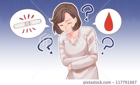 Illustration of a woman having irregular bleeding and chemical miscarriage (with background) (blog size) 117791887