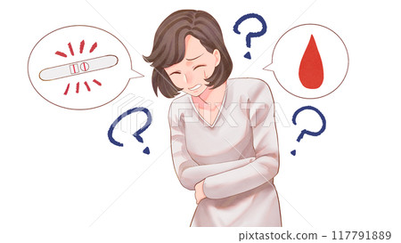 Illustration of a woman having irregular bleeding and chemical miscarriage (blog size) 117791889