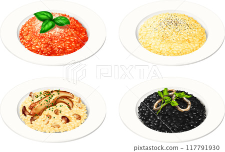 Risotto, 4 types, Italian cuisine, rice cuisine, cheese, tomato, king oyster mushroom, squid ink 117791930