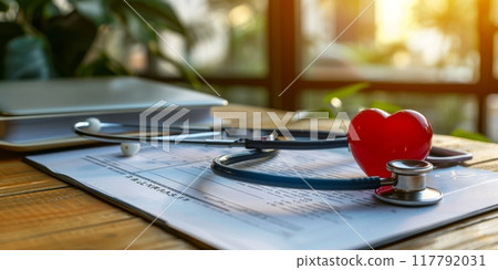 Heart and stethoscope on table with medical document  117792031