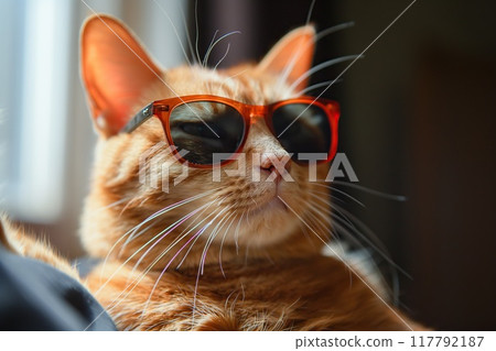Portrait of a ginger cat wearing red sunglasses. Close-up. 117792187