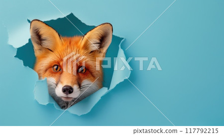 Cute fox peeks through the hole in the paper wall. 117792215