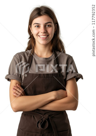 Portrait of a young woman in apron, isolated on white background 117792352