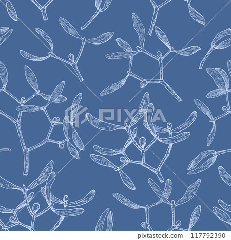 Seamless pattern with mistletoe branches. Monochrome illustration in engraving style. 117792390