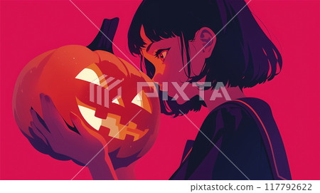 Halloween girl kissing a jack-o'-lantern 117792622