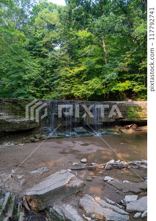 A beautiful view of a waterfall hidden away in a lush and green forest. 117792741