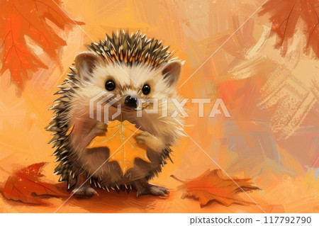 秋天的落葉和刺蝟的插圖（秋天的風景、秋天的動物、秋天的跡象、秋天的落葉） 117792790