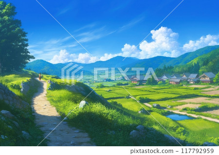 Illustrations of Japanese countryside landscapes (rice fields, satoyama, blue sky, clouds, anime, houses, nature) 117792959