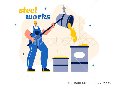 Steelworks Vector Illustration with Resource Mining, Smelting of Metal in Big Foundry and Hot Steel Pouring in a Flat Cartoon Background Design 117793330