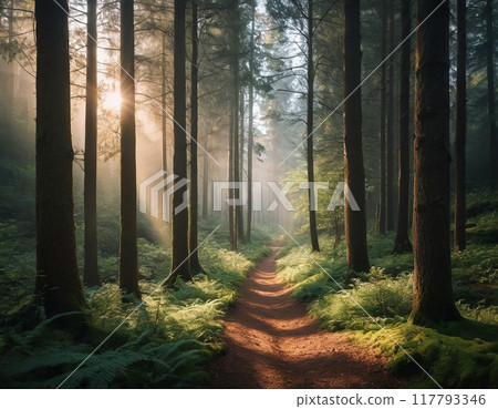 Autumn forest shrouded in morning mist Autumn forest shrouded in morning mist 117793346
