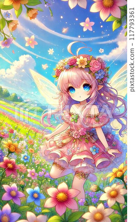 Fairy girl standing in a flower field 117793361