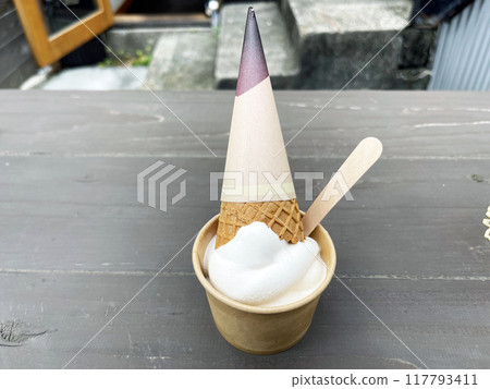 ice cream with cone and spoon in paper cup ice cream with cone and spoon in paper cup 117793411