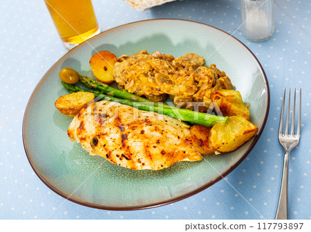 Fried chicken breast with potatoes, mushrooms and asparagus Fried chicken breast with potatoes, mushrooms and asparagus 117793897