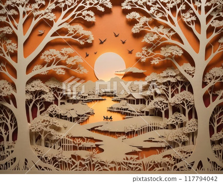 Autumn rural landscape.Paper Cutting Illustration Paper Craft.3D 117794042