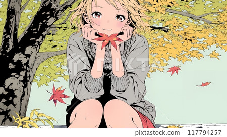 Young woman walking through autumn city with colorful leaves 117794257