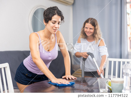 Young female couple cleaning living room together 117794522