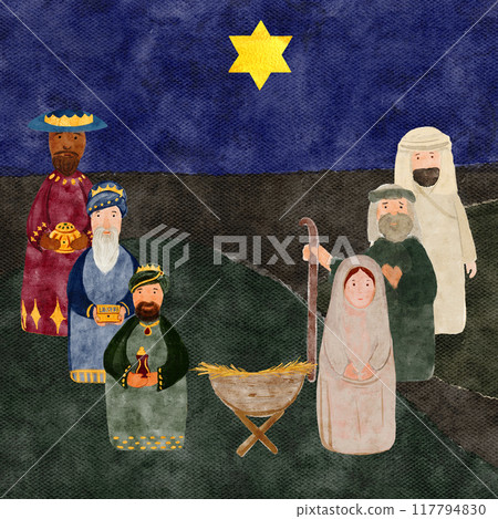 Wise men holy family Christmas card hand painted digital watercolor on dark textured background. High quality illustration for cards, stickers, posters, celebration of true Christmas, decoration Wise men holy family Christmas card hand painted digital watercolor on dark textured background. High quality illustration for cards, stickers, posters, celebration of true Christmas, decoration 117794830