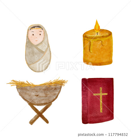 Wrapped baby Jesus, manger, Bible and a candle hand painted watercolor set isolated on white background. Cute minimalistic digital art for cards, stickers, celebration of true Christmas, print decor Wrapped baby Jesus, manger, Bible and a candle hand painted watercolor set isolated on white background. Cute minimalistic digital art for cards, stickers, celebration of true Christmas, print decor 117794832