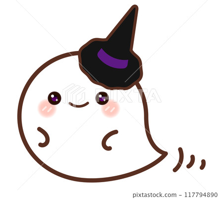 A cute Halloween ghost wearing a witch's pointed hat and flying through the air. 117794890