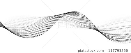 Dotted wave line background. Black halftone undulate pattern. Curved dashed gradient design element for poser, banner, presentation, booklet. Abstract flowing particle dot line wallpaper. Vector 117795266