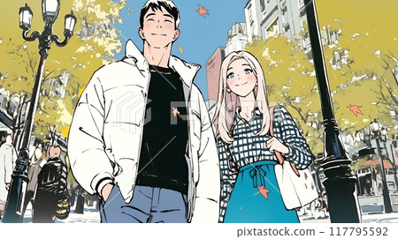 A young couple having a date in a park surrounded by autumn leaves 117795592