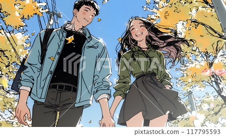 一對年輕夫婦在秋葉公園約會 117795593