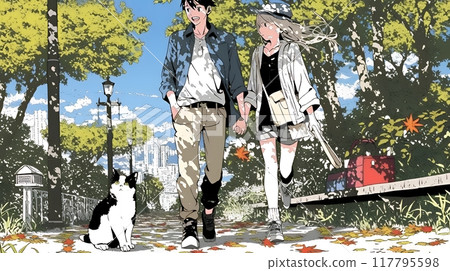 A young couple walking along a path of autumn leaves 117795598