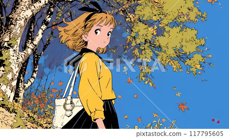 一位年輕女子沿著佈滿秋葉的小路行走 117795605