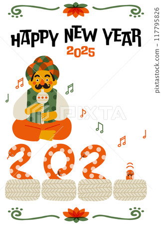 2025 年蛇年新年賀卡滑稽耍蛇人的插圖 117795826