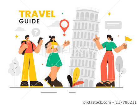 Travel Guide and Tour Vector Illustration Showing Interesting Places to a Group of Tourists for Vacation Planning in a Flat Style Cartoon Background 117796211