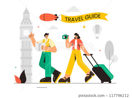 Travel Guide and Tour Vector Illustration Showing Interesting Places to a Group of Tourists for Vacation Planning in a Flat Style Cartoon Background Travel Guide and Tour Vector Illustration Showing Interesting Places to a Group of Tourists for Vacation Planning in a Flat Style Cartoon Background 117796212