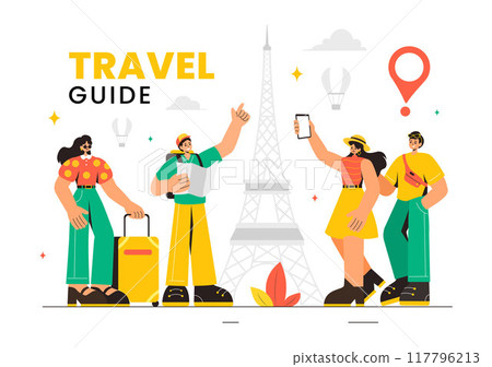Travel Guide and Tour Vector Illustration Showing Interesting Places to a Group of Tourists for Vacation Planning in a Flat Style Cartoon Background 117796213