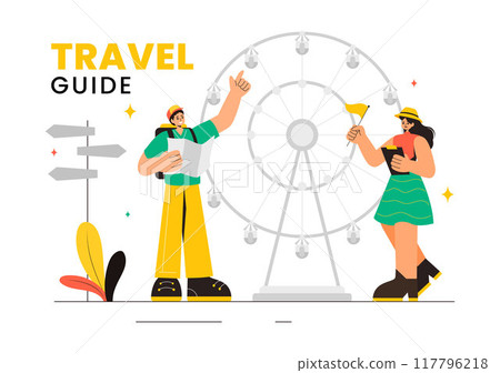 Travel Guide and Tour Vector Illustration Showing Interesting Places to a Group of Tourists for Vacation Planning in a Flat Style Cartoon Background 117796218