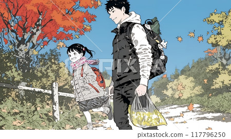 A girl and her father walking together along a path lined with autumn leaves 117796250