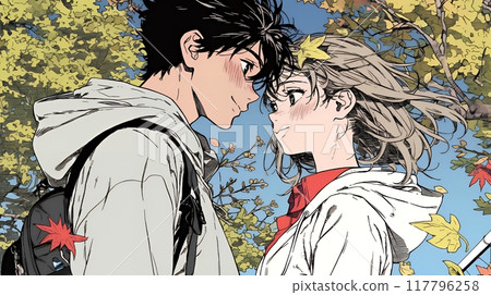 Young couple flirting under the autumn leaves 117796258