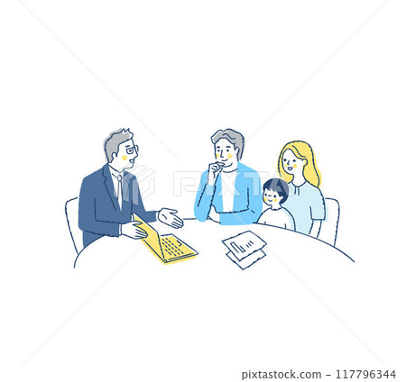 一位商人為正在向客戶諮詢的年輕家庭提供服務 117796344