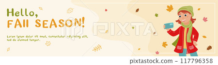 Banner Hello, fall season! A happy girl with a phone in her hand takes a selfie. Leaf fall. The autumn season. Vector illustration in a flat style. 117796358