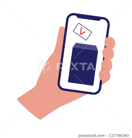 Election campaign. Political company. Electronic voting. Voting online. A hand holds a phone with a voting box. A call to vote. Vector illustration in a flat style. 117796360