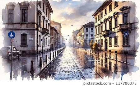 Quiet European streets after the rain 117796375