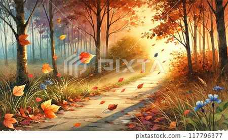 A forest path with autumn leaves falling 117796377