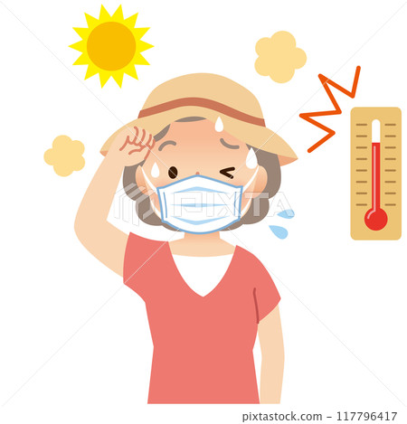 Elderly man sweating while wearing a mask, mask heat stroke, outdoor with high temperature 117796417