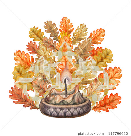 Orange and brown autumn oak leaves, vase, candles, straw craft ornament. Oval postcard template with watercolor illustration. Texture of natural foliage, acorns for harvest festival, Thanksgiving Orange and brown autumn oak leaves, vase, candles, straw craft ornament. Oval postcard template with watercolor illustration. Texture of natural foliage, acorns for harvest festival, Thanksgiving 117796620