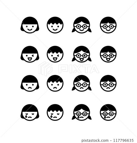 各種表情的兒童臉部圖示的線條畫插圖 117796635