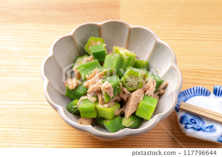 Okra with noodle soup Okra with noodle soup 117796644