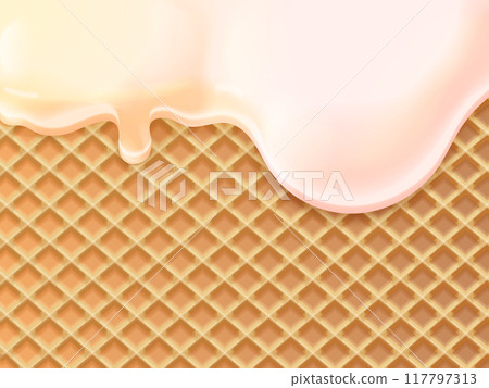 Ice cream waffle texture. Realistic icecream waffles melting frozen milk border, 3d crispy wafer wallpaper ad confectioner melted creme summer sweets, exact vector illustration Ice cream waffle texture. Realistic icecream waffles melting frozen milk border, 3d crispy wafer wallpaper ad confectioner melted creme summer sweets, exact vector illustration 117797313