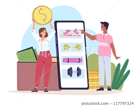 Sport store online. Fitness internet store in smartphone mobile app, ecommerce customer or assistant choosing goods footwear gym equipment, phone bueyer vector illustration 117797324