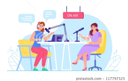 Radio talk show. Broadcast studio live interview, woman presenter in headset listen guest audio speaker record voice in microphone, online conversation vector illustration Radio talk show. Broadcast studio live interview, woman presenter in headset listen guest audio speaker record voice in microphone, online conversation vector illustration 117797325